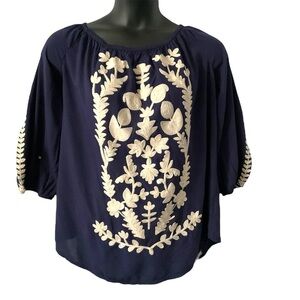 Solitaire Navy Blue Ivory Blouse Top SZ 1X‎ Women Embroidery Off Shoulder Boho